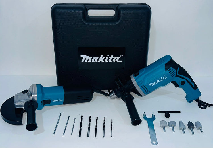 Combo Makita Profesional taladro percutor 850W y pulidora 1100W con accesorios y maleta rígida