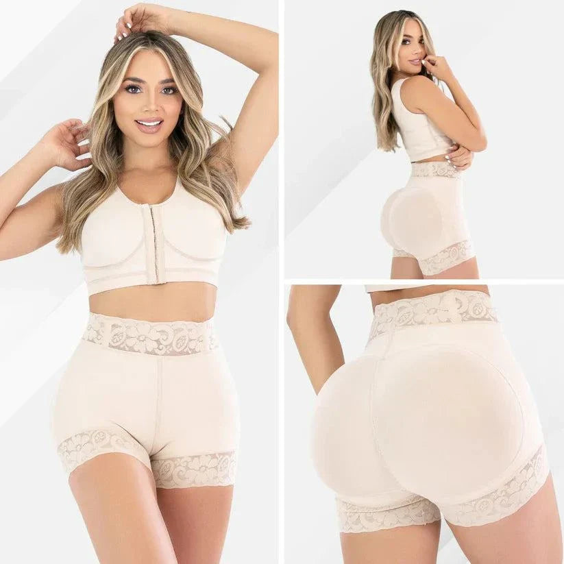 Panty faja levanta cola beige con encaje y control abdomen media-alta compresión moldeadora