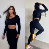 Conjunto Leggins y Camibuso Mujer negro sin costuras, moldeador, ajuste cómodo y tela americana premium