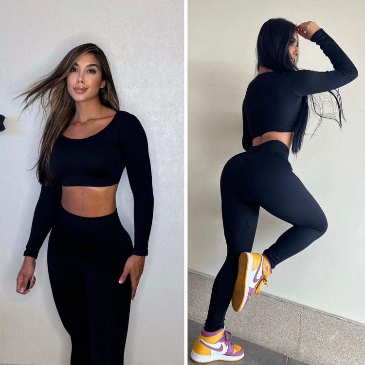 Conjunto Leggins y Camibuso Mujer negro sin costuras, moldeador, ajuste cómodo y tela americana premium