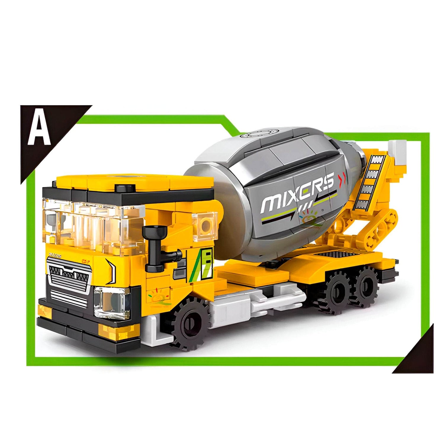 Set de construcción Bulldozer Grúa x4 juguetes armables educativos para niños con 4 modelos de grúas amarillas.