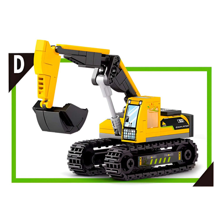 Set de construcción Bulldozer Grúa x4 juguetes armables educativos para niños con 4 modelos de grúas amarillas.