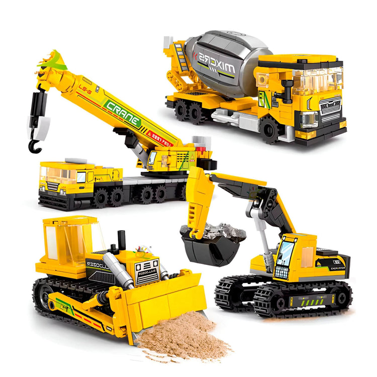 Set de construcción Bulldozer Grúa x4 juguetes armables educativos para niños con 4 modelos de grúas amarillas.