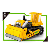 Set de construcción Bulldozer Grúa x4 juguetes armables educativos para niños con 4 modelos de grúas amarillas.
