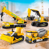 Set de construcción Bulldozer Grúa x4 juguetes armables educativos para niños con 4 modelos de grúas amarillas.