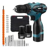 Primer plano del taladro atornillador destacando sus características técnicas. Se señalan las especificaciones clave, como el Mandril de Manguito Único (Single Sleeve Chuck) de 0.8-10mm (3/8" máx) con bloqueo automático de husillo, la configuración de 18+1 Posiciones de Torque Ajustable y el Selector de Modo con dos velocidades (0-500rpm/0-1550rpm). La imagen también resalta el interruptor de avance/retroceso (Forward/Reverse Switch) y la luz de trabajo LED (LED Working Light) incorporada.