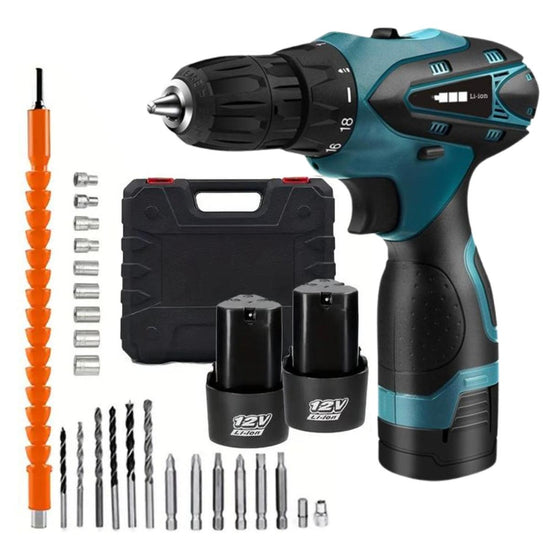 Primer plano del taladro atornillador destacando sus características técnicas. Se señalan las especificaciones clave, como el Mandril de Manguito Único (Single Sleeve Chuck) de 0.8-10mm (3/8" máx) con bloqueo automático de husillo, la configuración de 18+1 Posiciones de Torque Ajustable y el Selector de Modo con dos velocidades (0-500rpm/0-1550rpm). La imagen también resalta el interruptor de avance/retroceso (Forward/Reverse Switch) y la luz de trabajo LED (LED Working Light) incorporada.