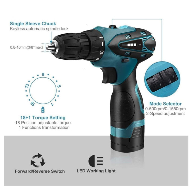 Vista completa del taladro atornillador inalámbrico de 12V y todos los accesorios incluidos en el kit, dispuestos sobre un fondo blanco. El taladro es predominantemente negro y turquesa. A su lado, se aprecian dos baterías de 12V de iones de litio, una caja de herramientas negra, un cable extensor de eje flexible de color naranja, un juego de brocas de diferentes tamaños y una variedad de puntas y adaptadores de destornillador.