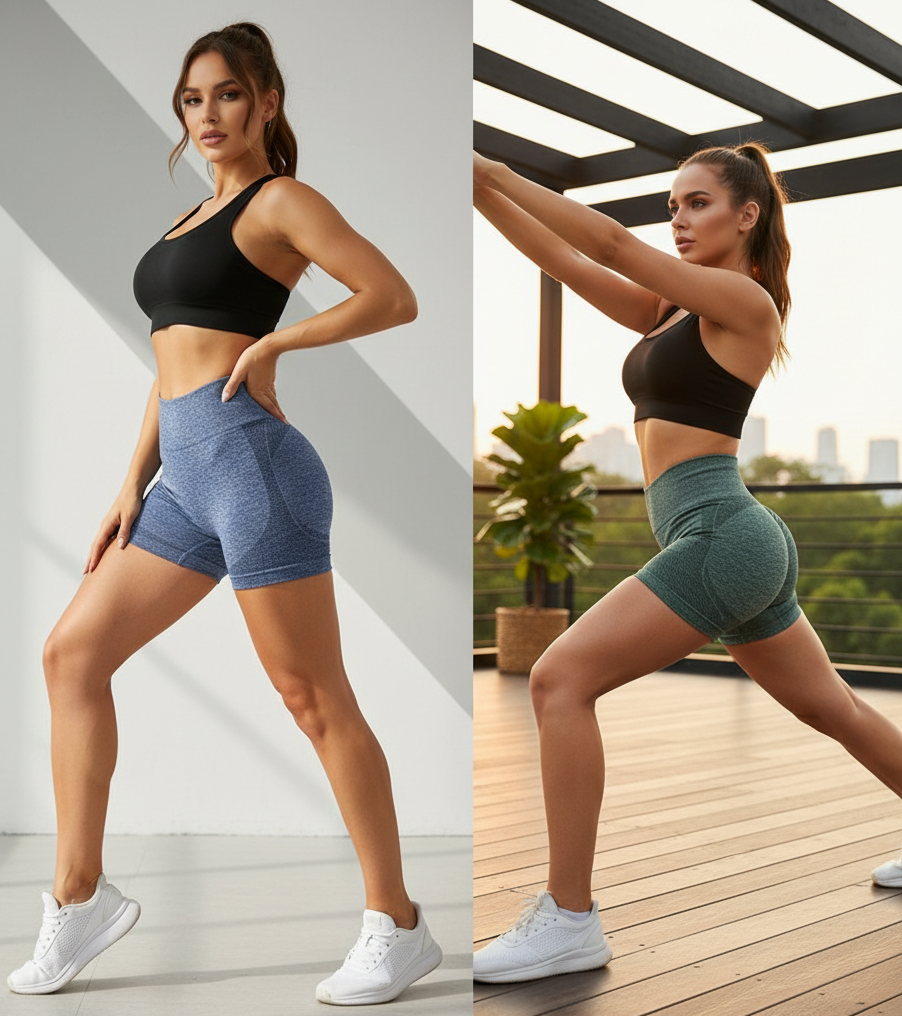 Modelo femenina usando panty levanta cola de compresión y control abdominal en dos tonos diferentes durante ejercicio.